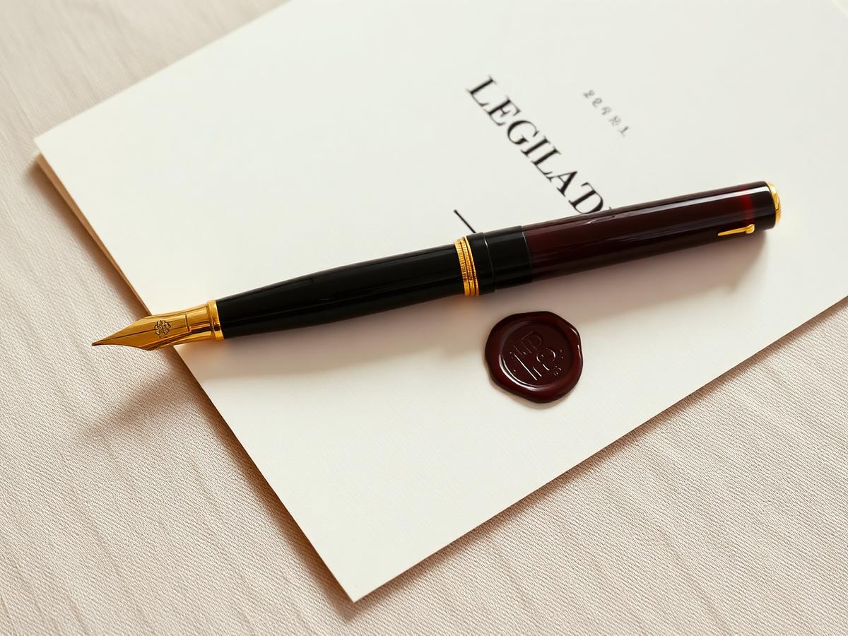 A fountain pen resting on a sealed legal document