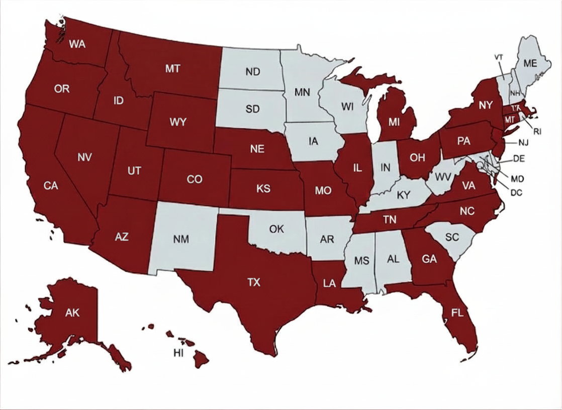 Map of the United States highlighting states where Guardian Law practices, including WA, OR, CA, NV, ID, MT, UT, AZ, WY, CO, KS, NE, MO, IL, MI, OH, PA, NY, NJ, CT, MA, VA, TN, NC, GA, FL, TX, LA, and AK